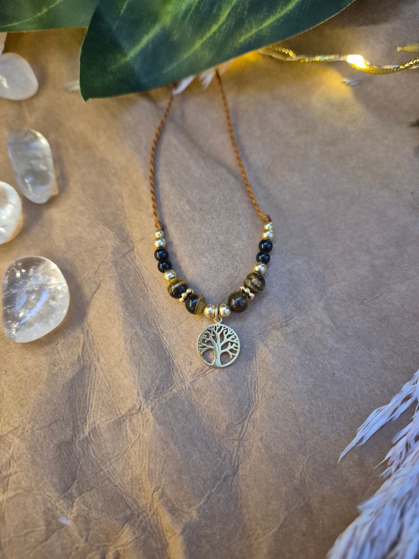VIVARA Kette Lebensbaum Gold Tigerauge Turmalin
