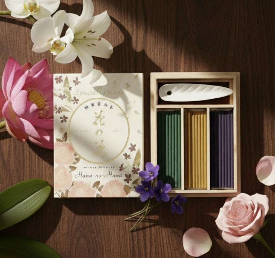 Hana-no-Hana - Premium-Sortiment 30 Japanische Räucherstäbchen aus Rose + Veilchen +Lilie inkl. Halterung GESCHENKSCHACHTEL