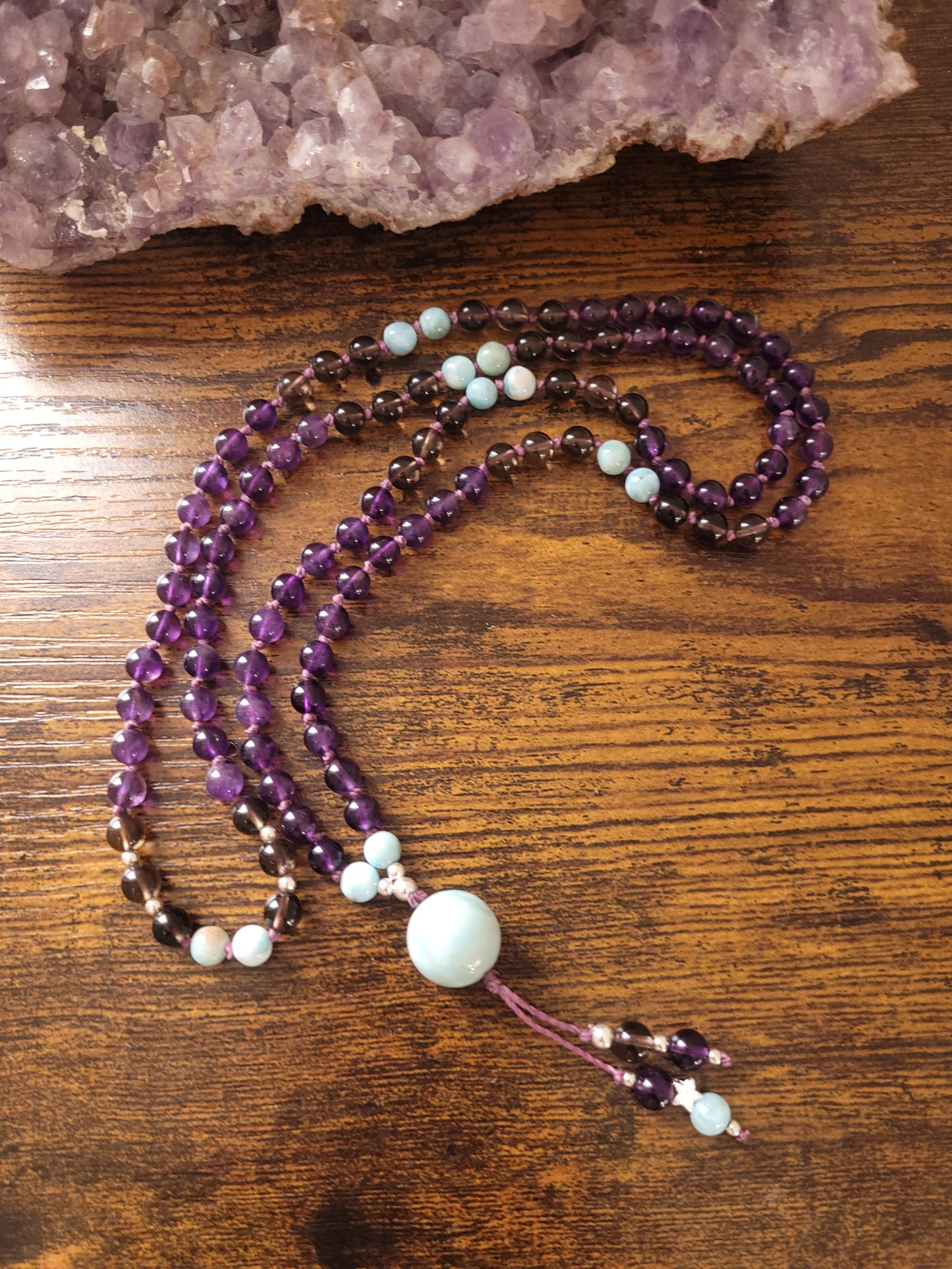 Mala Wunschanfertigung Amethyst, Rauchquarz & Larimar