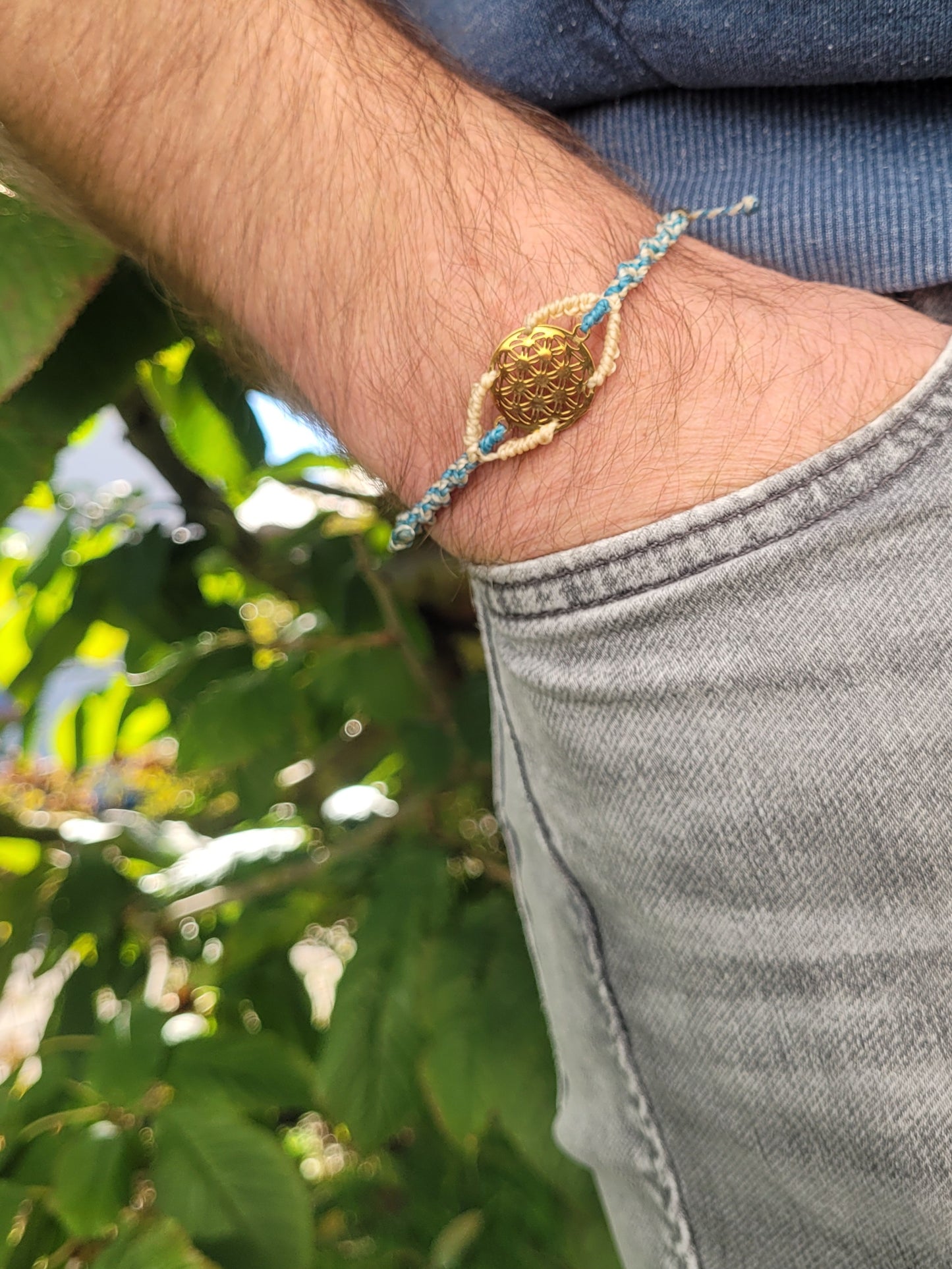 Lebensblume Armband FOR MEN Natur-Hellblau Edelstahl vergoldet