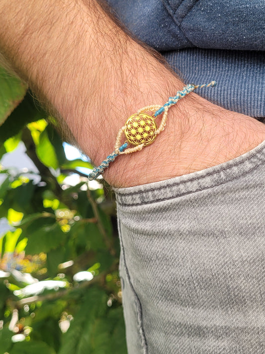 Lebensblume Armband FOR MEN Natur-Hellblau Edelstahl vergoldet