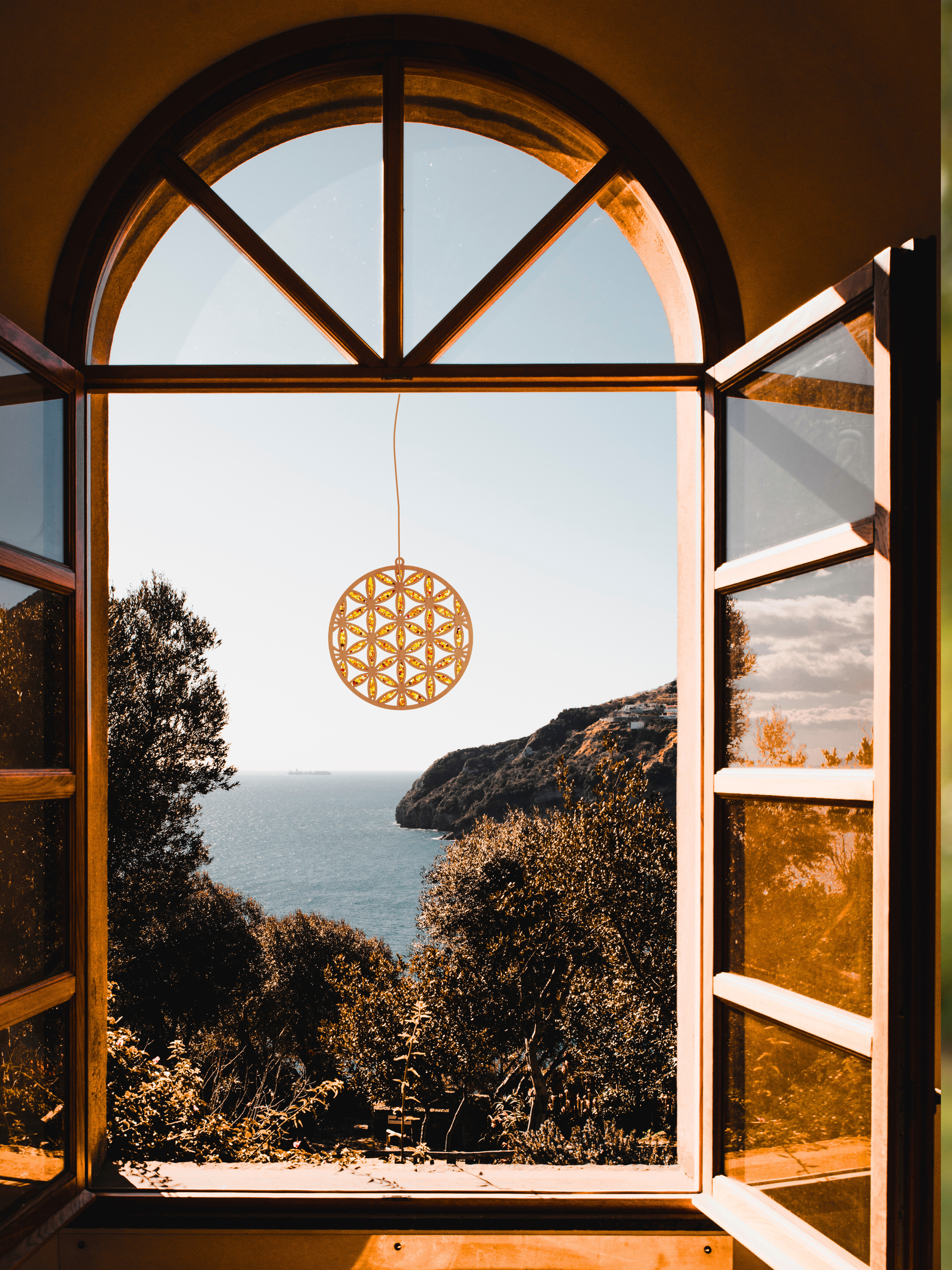 Suncatcher aus echtem Bernstein in Birkenholz mit Magneten und Öse, 11 cm Durchmesser, leuchtend im Sonnenlicht