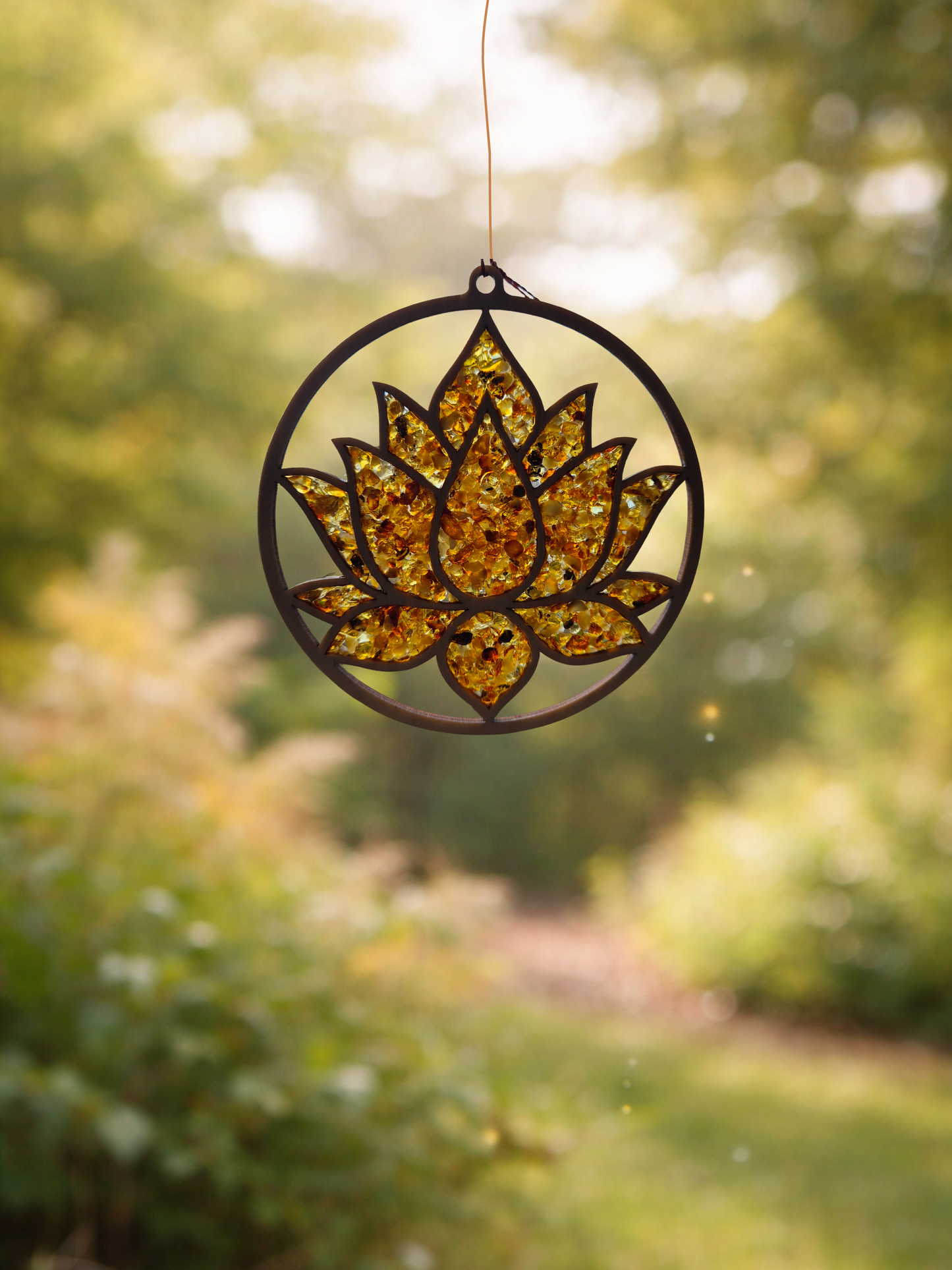 Suncatcher aus echtem Bernstein & Birkenholz – 11 cm LEBENSBLUME/LEBENSBAUM/LOTUSBLÜTE