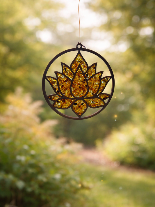 Suncatcher aus echtem Bernstein & Birkenholz – 11 cm LEBENSBLUME/LEBENSBAUM/LOTUSBLÜTE