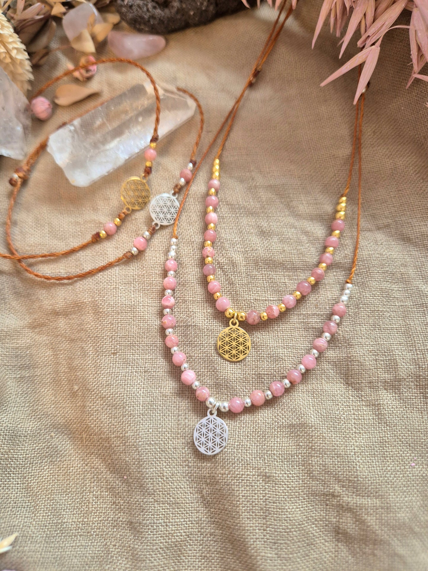BUNDLE VIVARA Armband/Kette Lebensblume GOLD / Silber Rhodochrosit