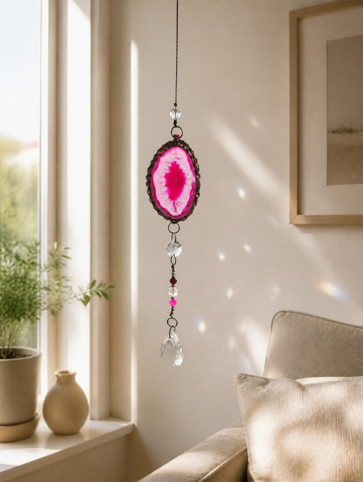 LUMARIA Mini Einzigartiger Sonnenfänger mit Achatscheibe, Pinker Achat & Bergkristall