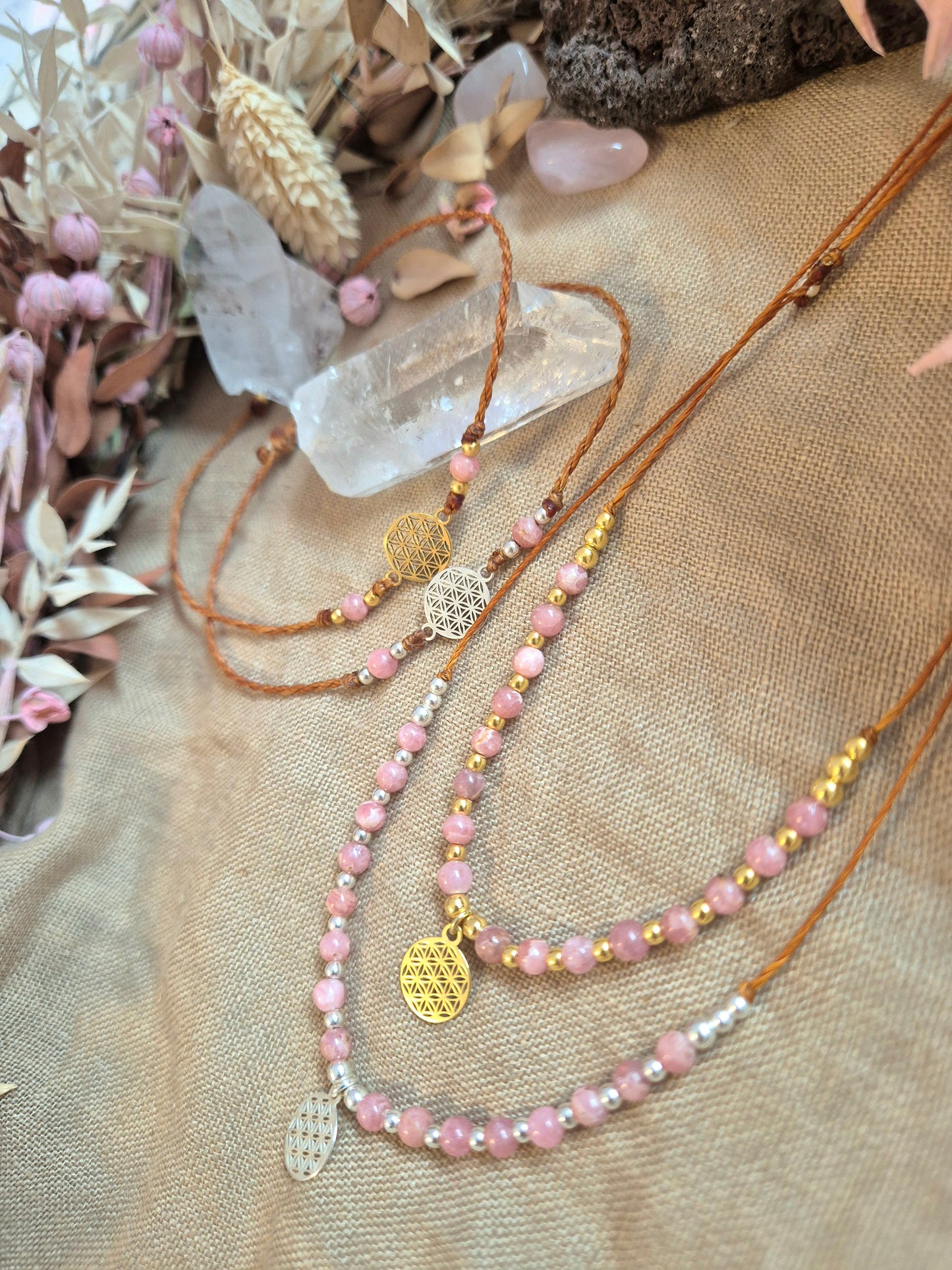 BUNDLE VIVARA Armband/Kette Lebensblume GOLD / Silber Rhodochrosit